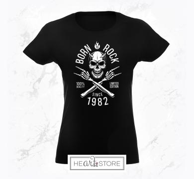Черна дамска тениска подарък за рожден ден с череп и надпис - Born to rock - 100% quality - limited edition