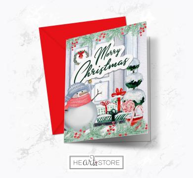 Снежна коледна картичка със снежен човек на входа - Merry Christmas